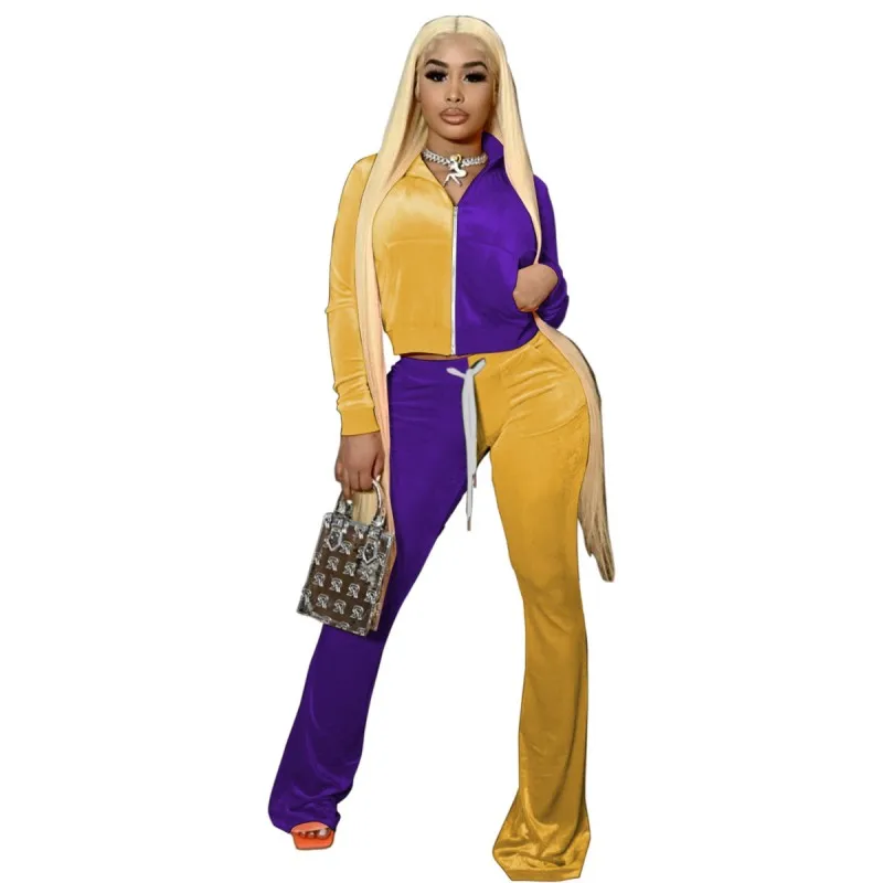 

African Women's Casual Pants Long-Sleeved Jacket + Flared Pants Two-Piece 2021 Autumn Winter New Gold Velvet Slim Trousers Suit
