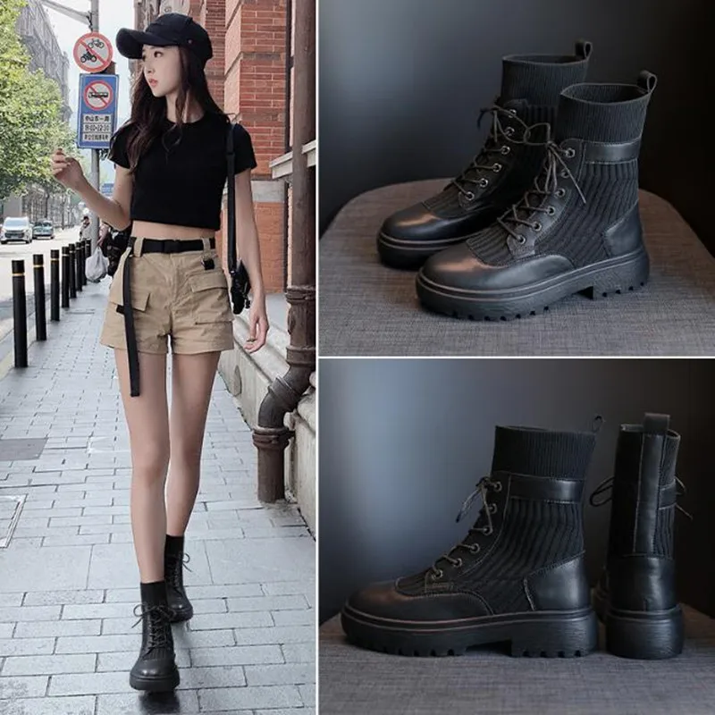 

2020 autumn winter new women's flat ankle boots casual women Flat boots Fashion stretch boots black Plus Size ladie shoes boots
