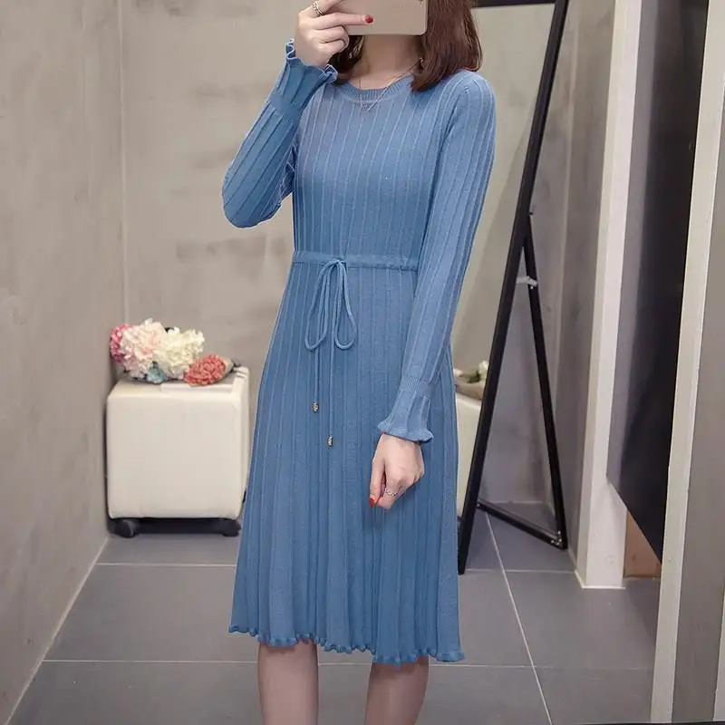 Длинное женское платье с круглым вырезом 2019 осеннее зимнее теплое