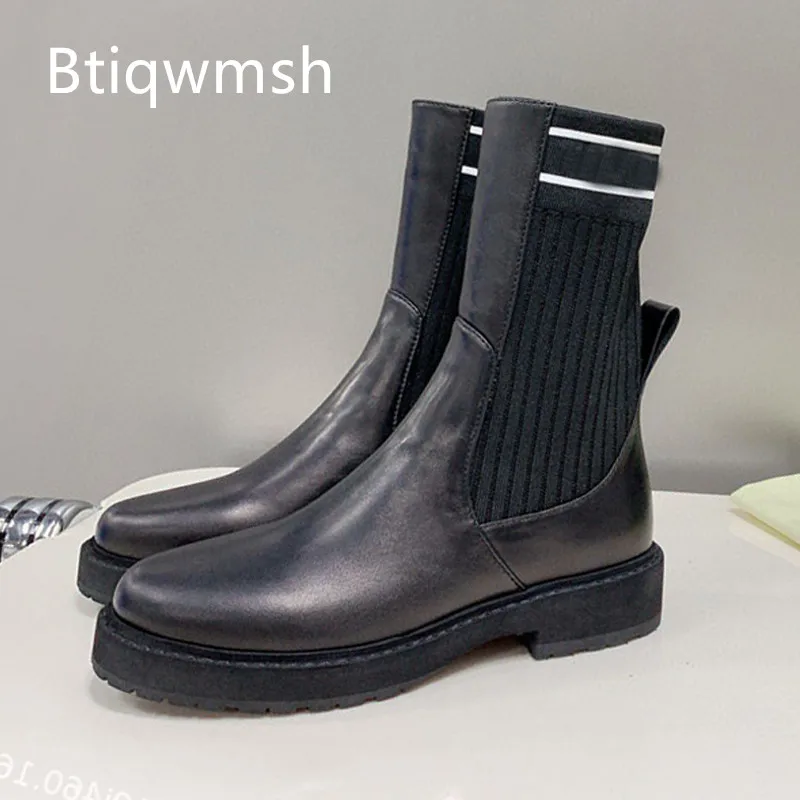 

Newest Black Ankle Boots Woman Round Toe Brown Strech Sock Soft Real Leather Patchwork High Heels Shoes Women Chelsea Botas