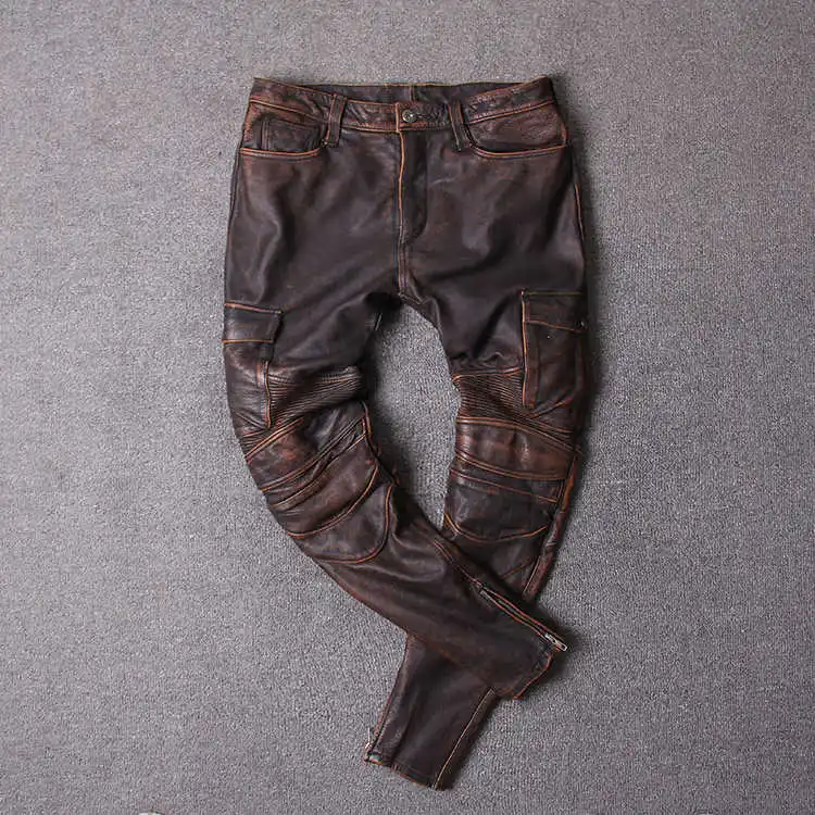 Мужские Винтажные брюки из коровьей кожи Серые Рабочие мотоциклетные кожаные с