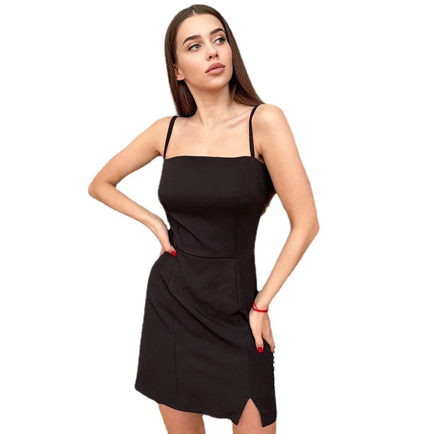 

2021 Summer Black Sling Slim Dress Female Sexy Zipper Party Backless Split Black Skirt