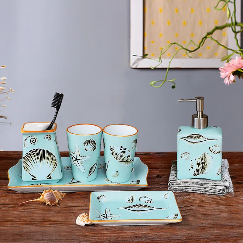 

Washingroom Set Ceramic Crackle Blue Mediterranean Soap Liquid Dispenser Toothbrush Holder Cup Soap Dish Bathromm Supplies