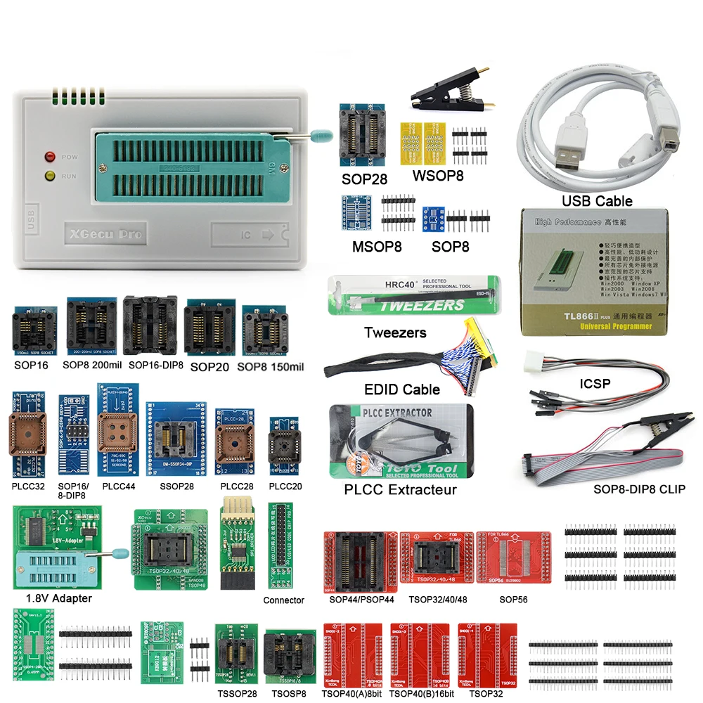 Программатор minipro V10.55 TL866II Plus с полными адаптерами ECU лучше чем TL866CS/TL866A 2021