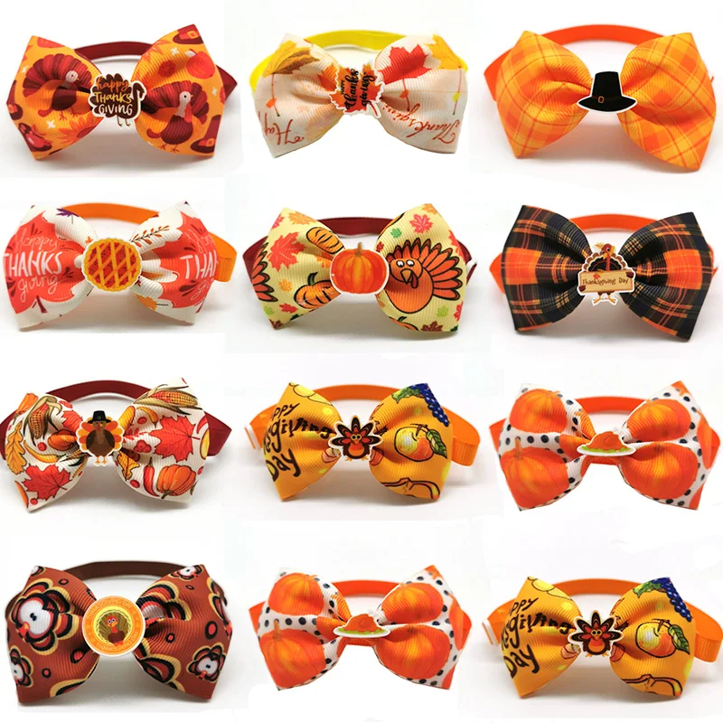 

30/50pcs Thanksgiving Day Pet BowTies with Maple Leaf Turkey Accessories Pet Cat Dog Collar Bowties Pet Ties Grooming Products