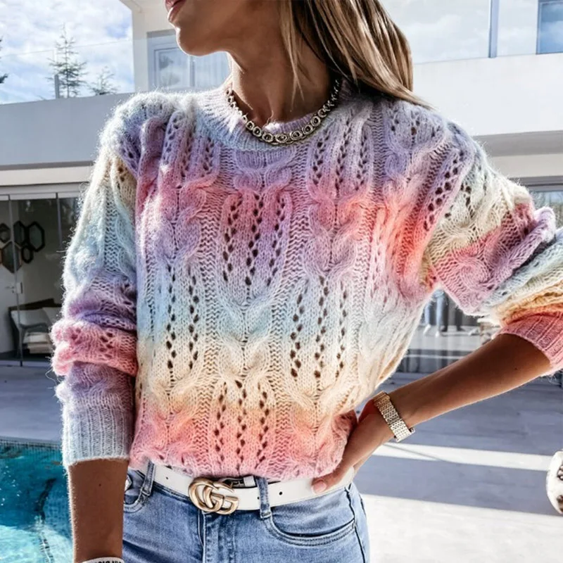 Женский трикотажный джемпер с круглым вырезом длинным рукавом | Пуловеры