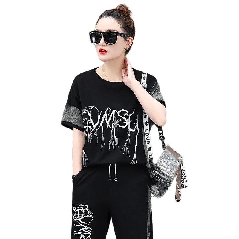 

Comfortable Casual Sports Suit Women's 2020 Summer Loose O Neck Short-sleeved And Elastic Trousers Large Size Ladies Outfits