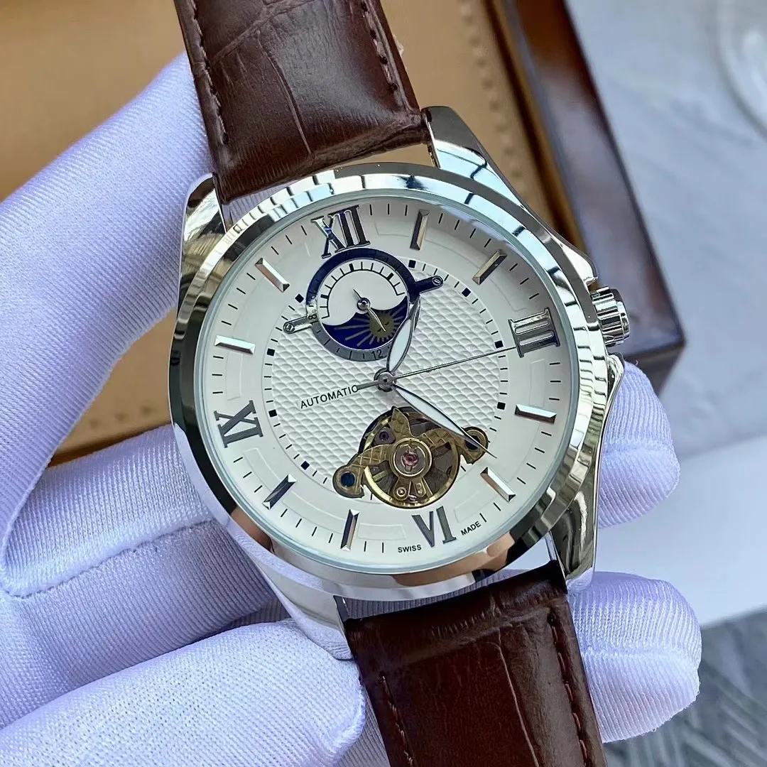 

Men's business casual temperament automatic mechanical watch simple three-needle moon phase hollow Roman bar nail scale leather