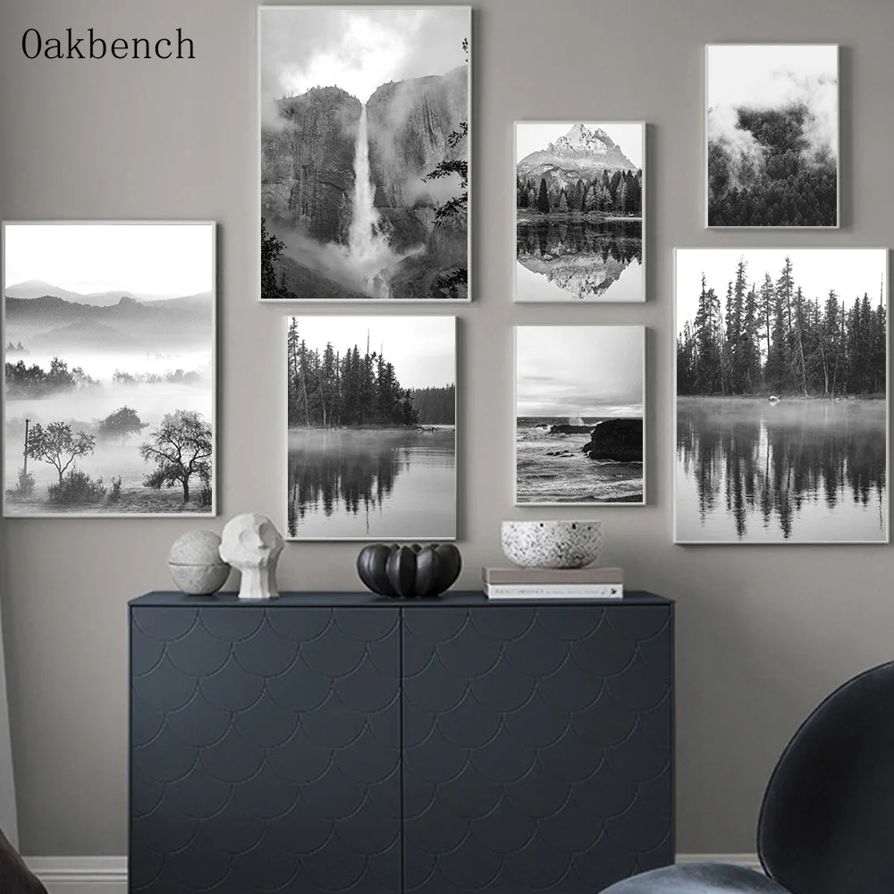 

Черно-белый холщовый плакат с Естественным ландшафтом, искусство, печать, настенные картины в скандинавском стиле для украшения гостиной