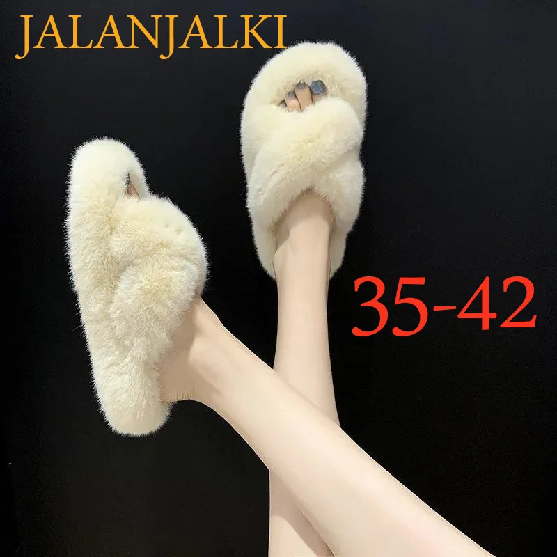 

JALANJALKI женские теплые тапочки из искусственного меха зимняя домашняя обувь белые женские сандалии без застежки Нескользящие на плоской под...