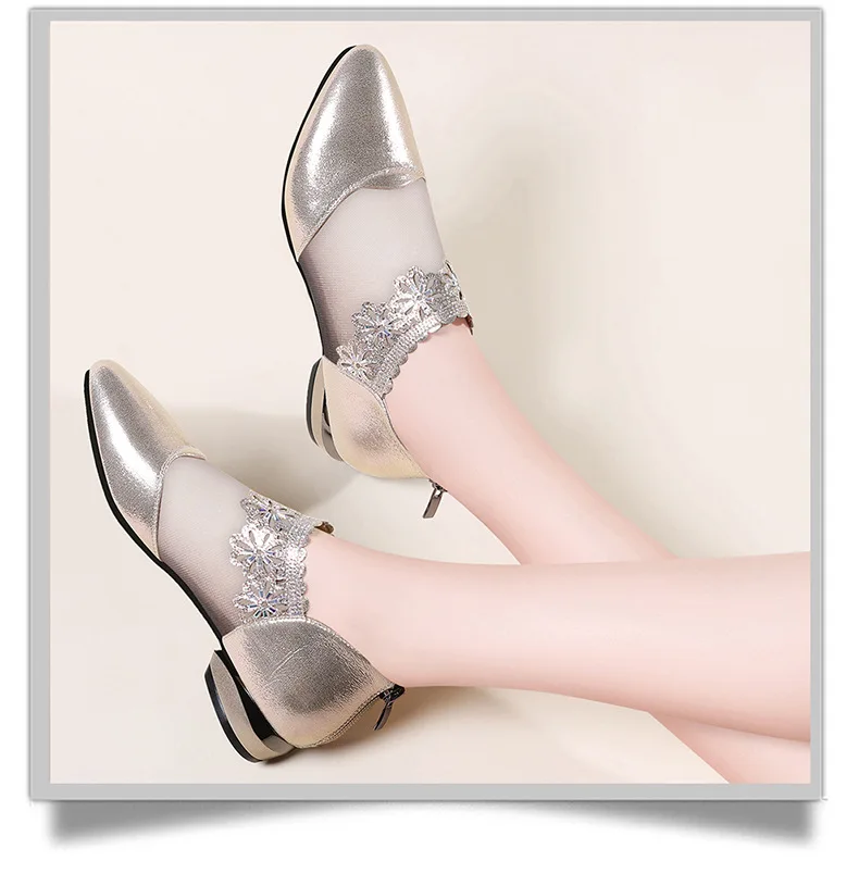 new summer sandals Pointed Elegant Women shoes Black Lace Ankle Flower low Heel zipper flowers casual sandals