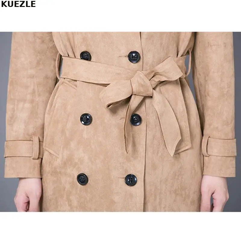 

Sashes Buckskin Suede Trench Coat Women Spring Autumn Long Coat Plus size 6XL Windbreaker Female Double-breasted Trench Vrouwen