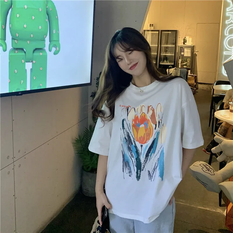 

Женская свободная футболка в Корейском стиле Харадзюку с милым мультяшным принтом, женские футболки, топы в японском стиле Kawaii Ulzzang, одежда ...