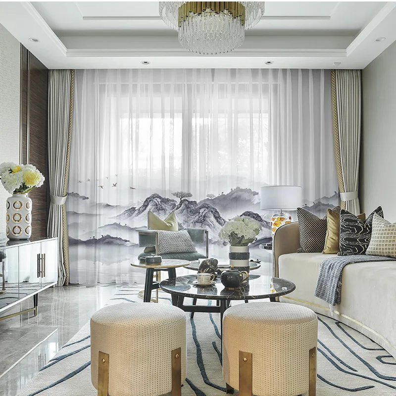 New Chinese Style 5D Digital Printed Desgin Window Screen Chiffon Fabric For Living Room Studyroom White Tulle AG 439#4 | Дом и сад