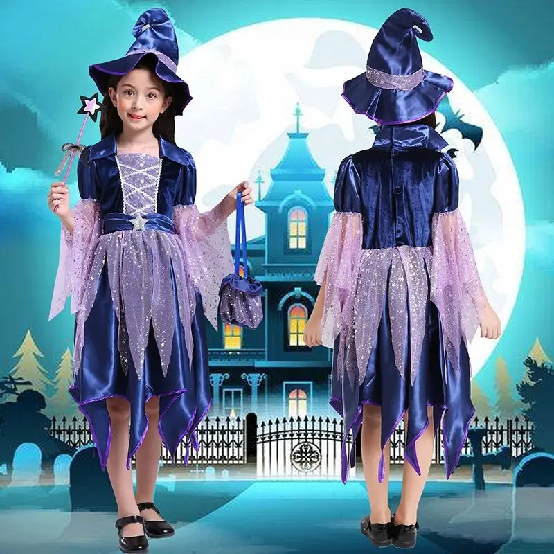 

New Children Witch Girl Cos Fancy Costume Long Shorts Dress Hat Ball Elf Princess For Female Kids Performance Halloween Party