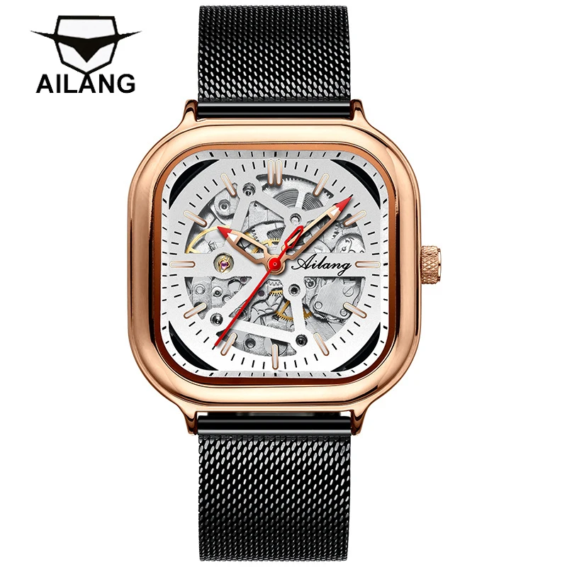 

AILANG 2021 New Men's Watch Hollow Automatic Square Men's Watch Luminous Waterproof Stainless Steel Business Formal Men's Watch