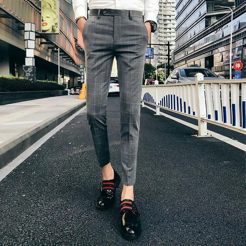 Клетчатые брюки корейские с десятью точками повседневные мужские леггинсы