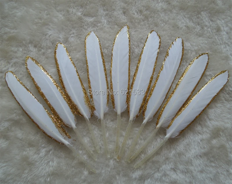 

Перья для поделок, шлейфы, белые перья из утиного хлопка с золотым блеском, перышки/10-15 см в длину, 50 шт./лот