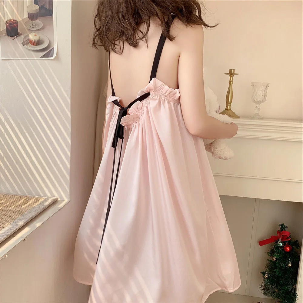 2021 Summer New Sexy Sling Nightdress Women's Fungus Side Backless Lace Nightgown Loose Home Clothes Female Sleepwear Nightwear