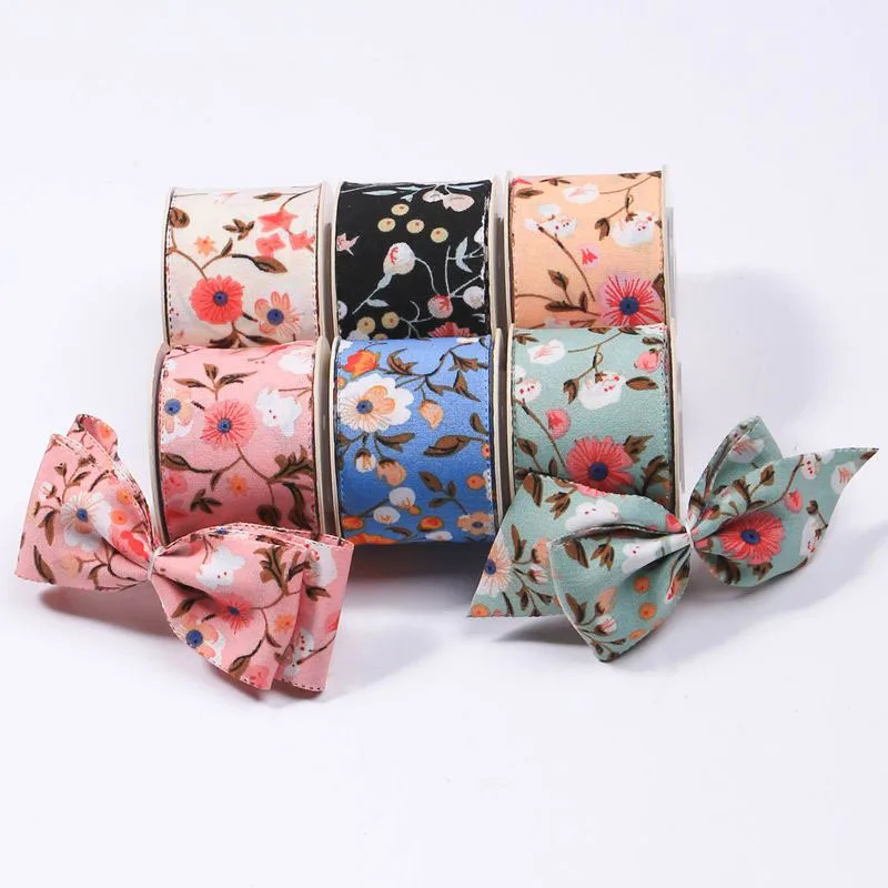 Kewgarden 1" 1.5" Double-sided Floral Chiffon Fabric Ribbon DIY Hair Accessories Bowknot Pet Rope Accessory Material 10 Yards