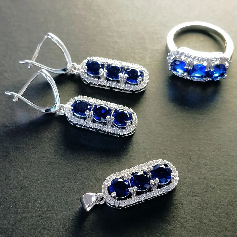 Bague Ringen, геометрическое серебро 925, ювелирные наборы для женщин, сапфир, рубин, аметист, изумруд, кольцо с камнями, серьги, ожерелье, вечерние