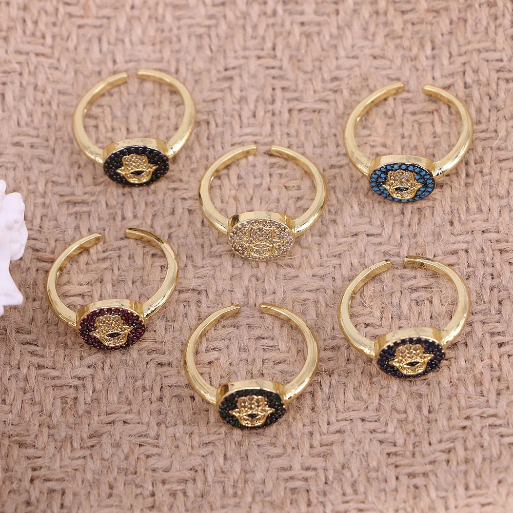 

10PCS, Lucky Eye Colorful Hamsa Hand Rings Women Gold-color Crystal Rings Zircon CZ Engagement Ring Eye Jewelry Adjustable