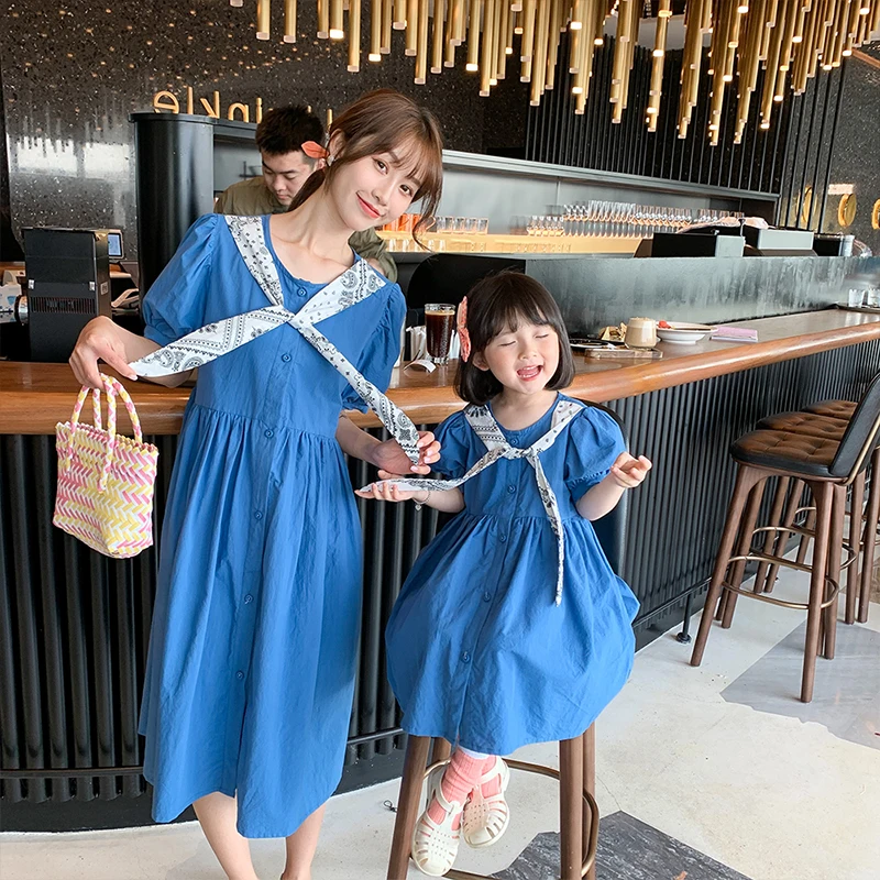 

2021 New Summer Mother-daughter Solid color tie dress Little Girl Short-sleeved Dress Mommy and Me Dress Parent-child Outfit