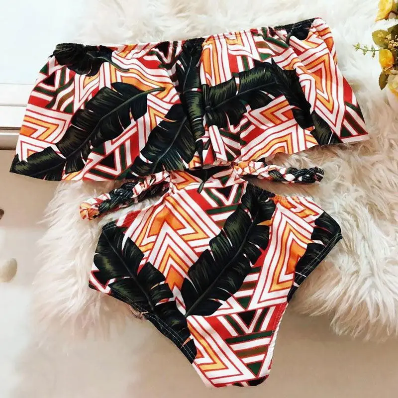 Купальник женский с высокой талией принтом в виде листьев |