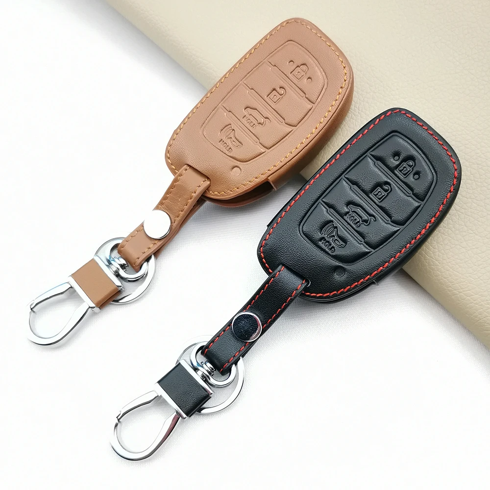 2022 New Style Leather KeyChain Cover For Hyundai IX25 / IX35 / Elantra/ Sonata/ I40 4 Buttons Smart Key Case