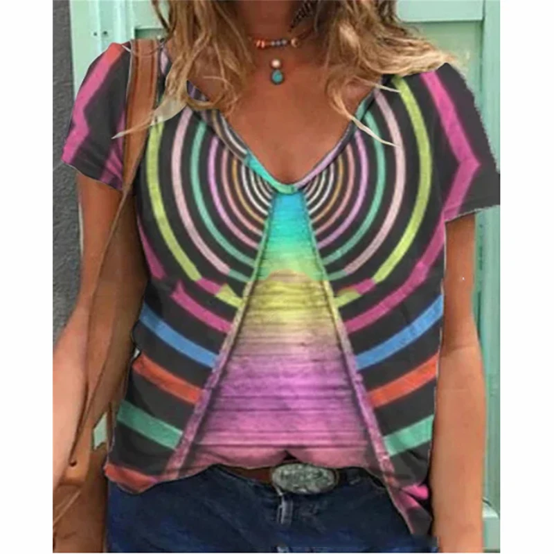 

Summer Casual New Fashion Colorful Printed V-Neck Pullover Female Blouse Tops Loose Plus Size Women Tee Shirt Clothing