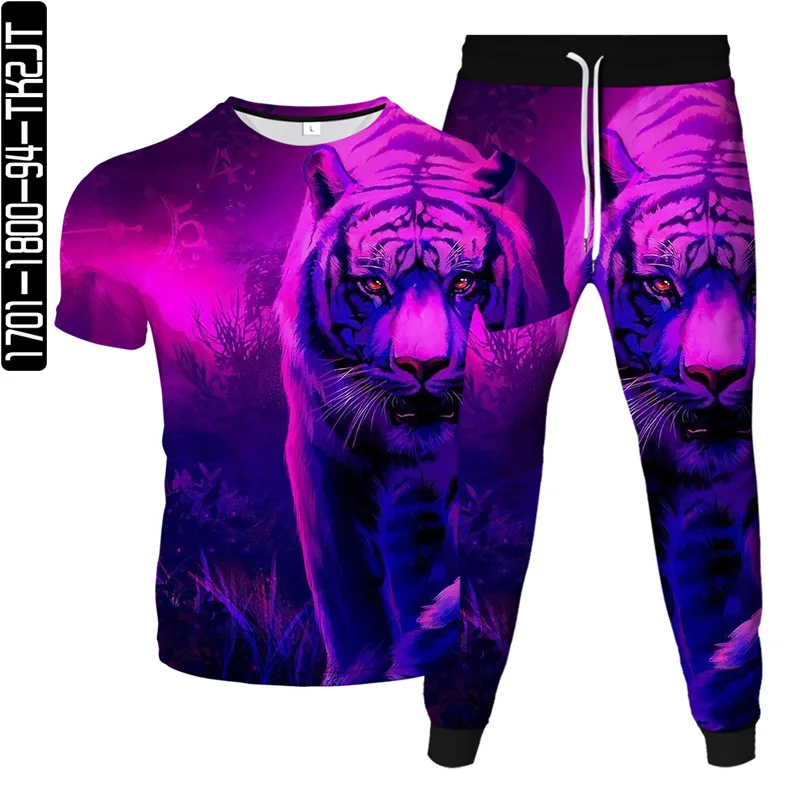 

2021 spring and summer 3D digital printing men's casual T-shirt pants two-piece tiger element popular new trend hip-hop style