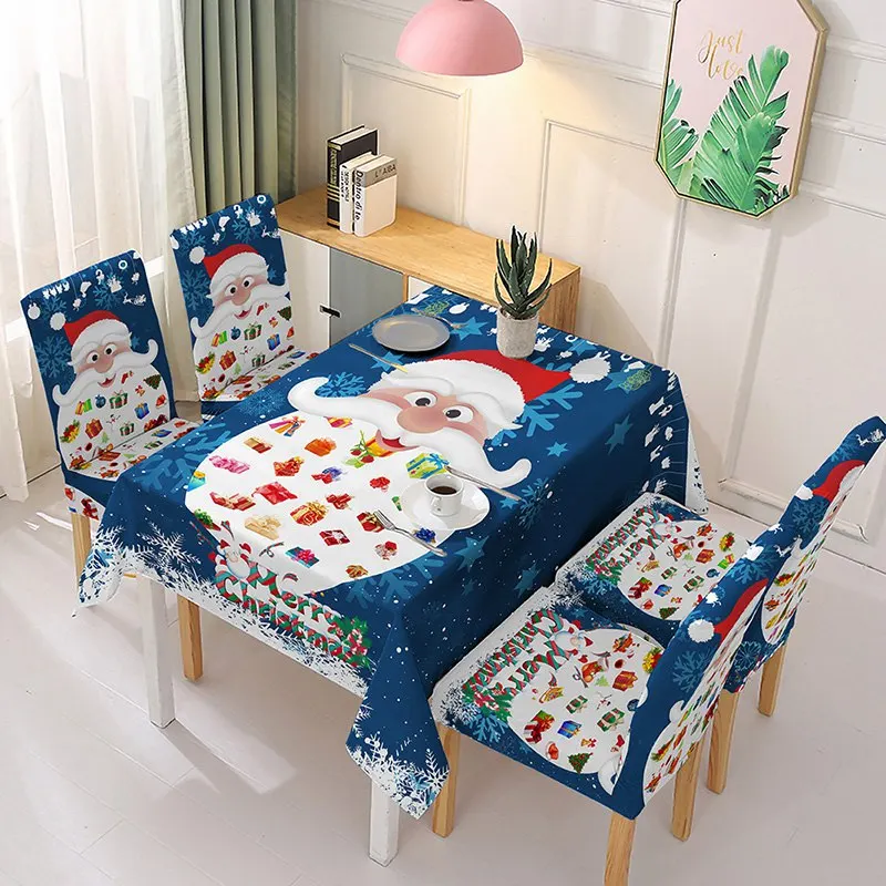 

Christmas Table Cloth Santa Claus Elk Snowman Table Cover Stretch Dining Chair Covers Christmas New Year Festival Decor