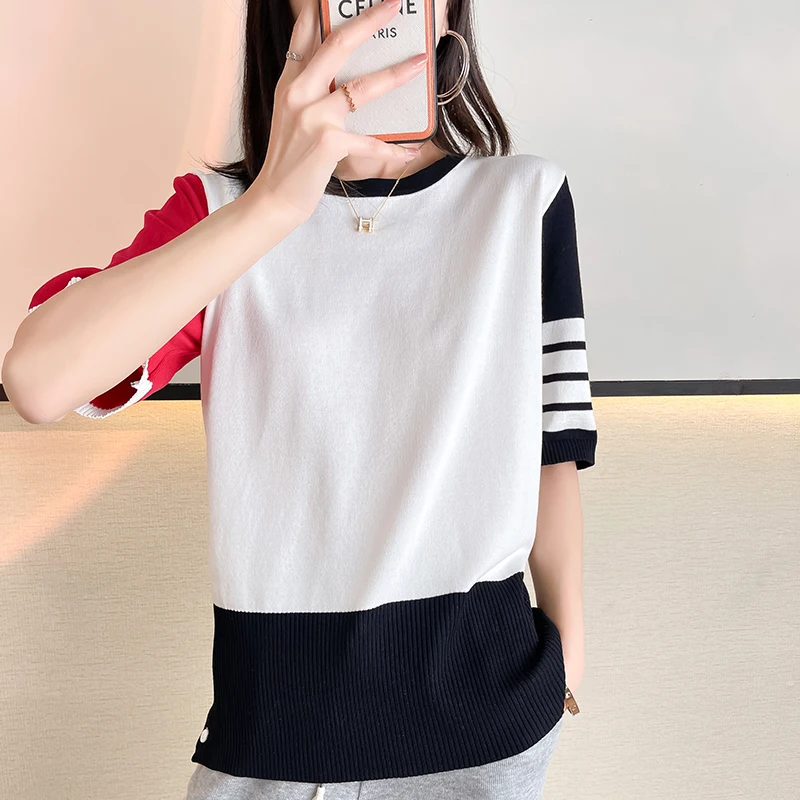 

New TB women's round neck short-sleeved sweater, pure cotton women's color-blocking pullover short-sleeved T-shirt