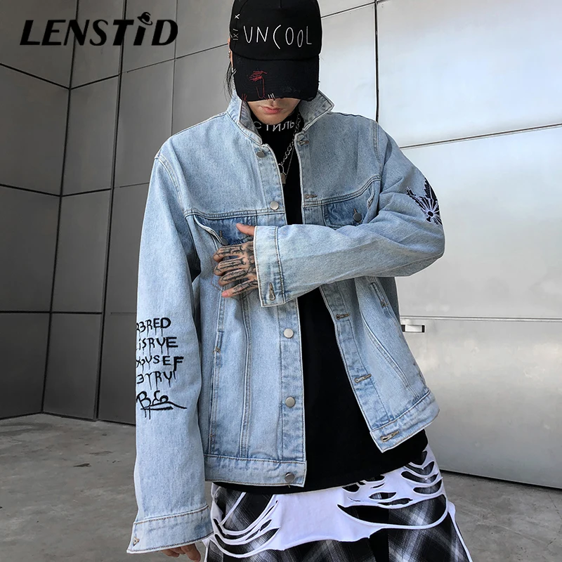 LENSTID Осень Harajuku Хип Хоп буквы вышивка астронавт Печатные джинсовые куртки