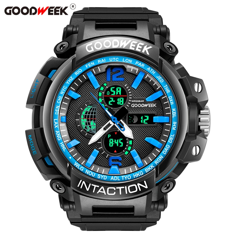 blackblue GOODWEEK мужские спортивные часы аналоговые цифровые часы Quartyz Водонепроницаемые многофункциональные часы с двойным дисплеем хронограф Reloj Hombre - Цвет: blackblue