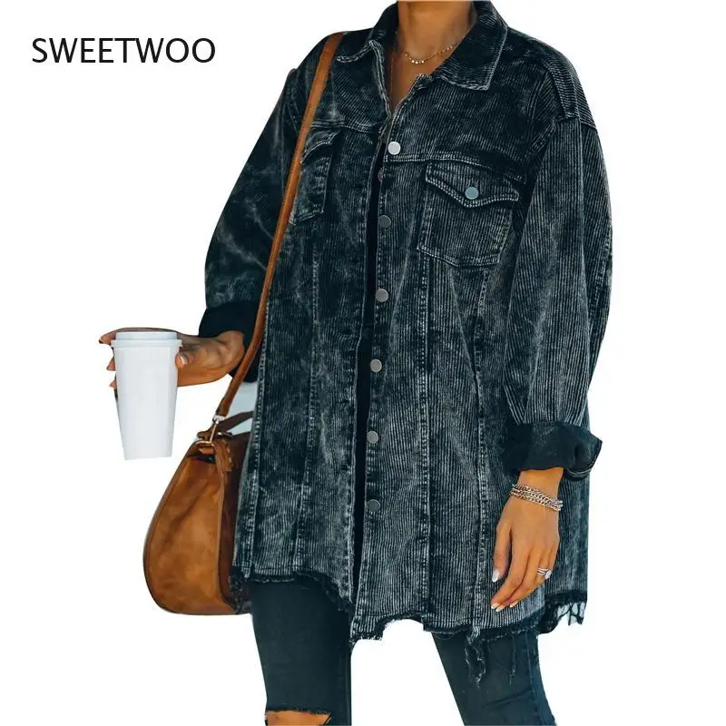 

Винтажная Женская Вельветовая куртка, офисная одежда, длинный топ на пуговицах с отворотами и длинным рукавом и карманами с клапаном, уличн...