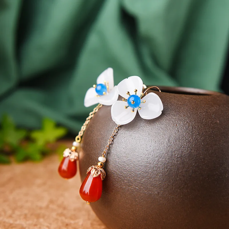 Ретро длинный стиль три листа цветок красный кулон серьги Корейский темперамент