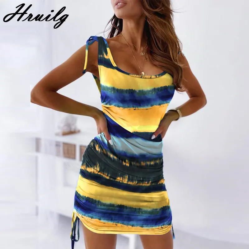 

Women Dress Tie Dye Print Drawstring Colorful Sleeveless Female Sexy Mini Sundress Pleated Beach Holiday Ladies Dress Vestidos
