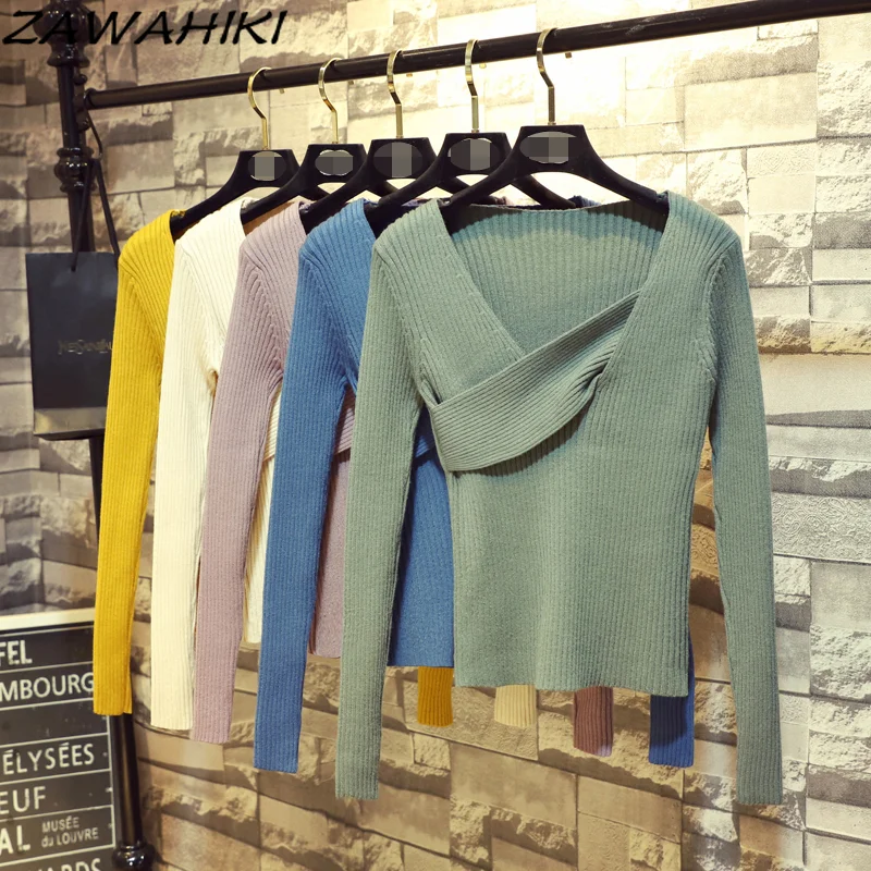 

Zawхиты корейские модные Универсальные свитера женские осенние пикантные с перекрестным V-образным вырезом тонкие трикотажные топы с длинны...