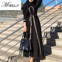 missjoy 2020 abayas muslim dress women sequin casual patchwork turkish dubai dresses cardigan elegant gray black robe female