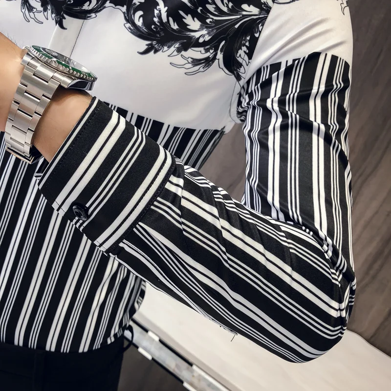 Рубашка в полоску с цветочным принтом Корейская одежда мужская модельная