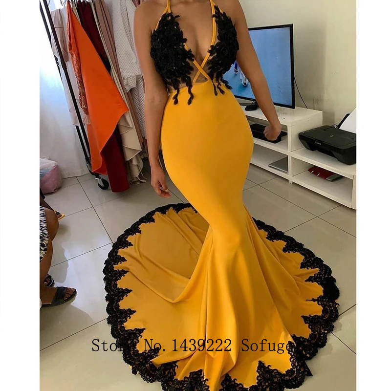 

Orange Satin Mermaid Evening Dresses Prom Black Appliques Backless Vestidos De Fiesta De Noche Robe De Soiree Plus