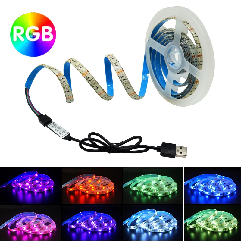 

Светодиодная ленсветильник RGB 5050, гибкая лампа-лента, диодный USB-кабель, 3 кнопки управления, 5 в постоянного тока, 1 м, 2 м, 5 м, настольный экран, ...