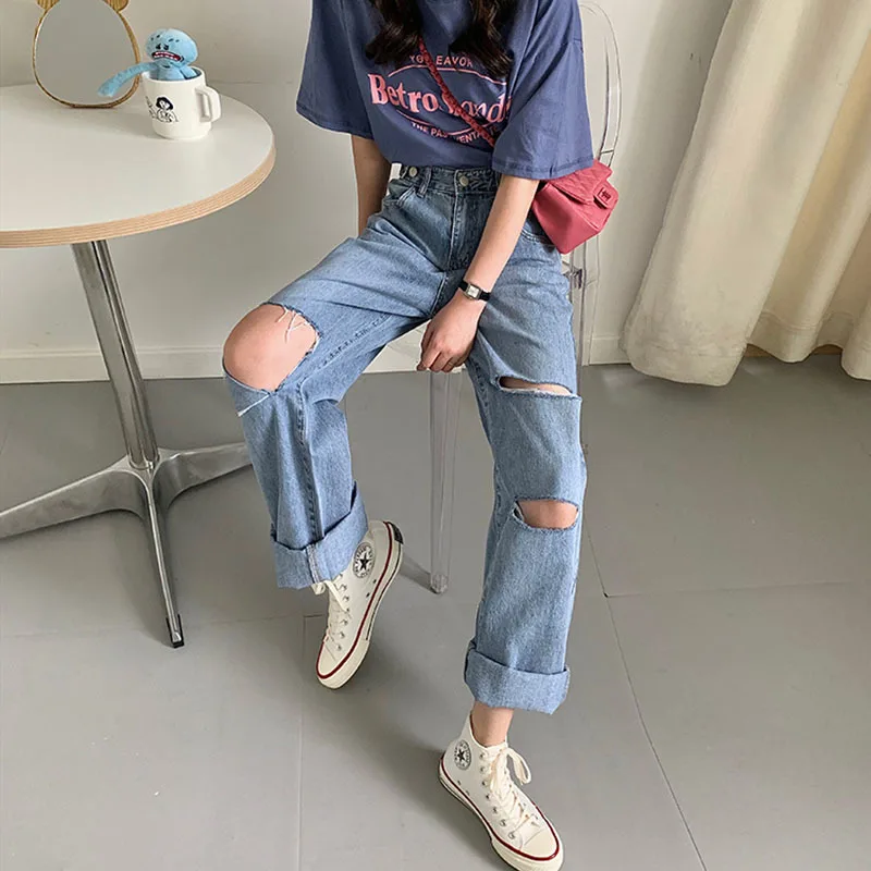 

Casual Ripped Hole Jeans Pants High Waist Women Harem Korean Streetwear Denim Pants 2021 Fashion Harajuku Jogger Summer