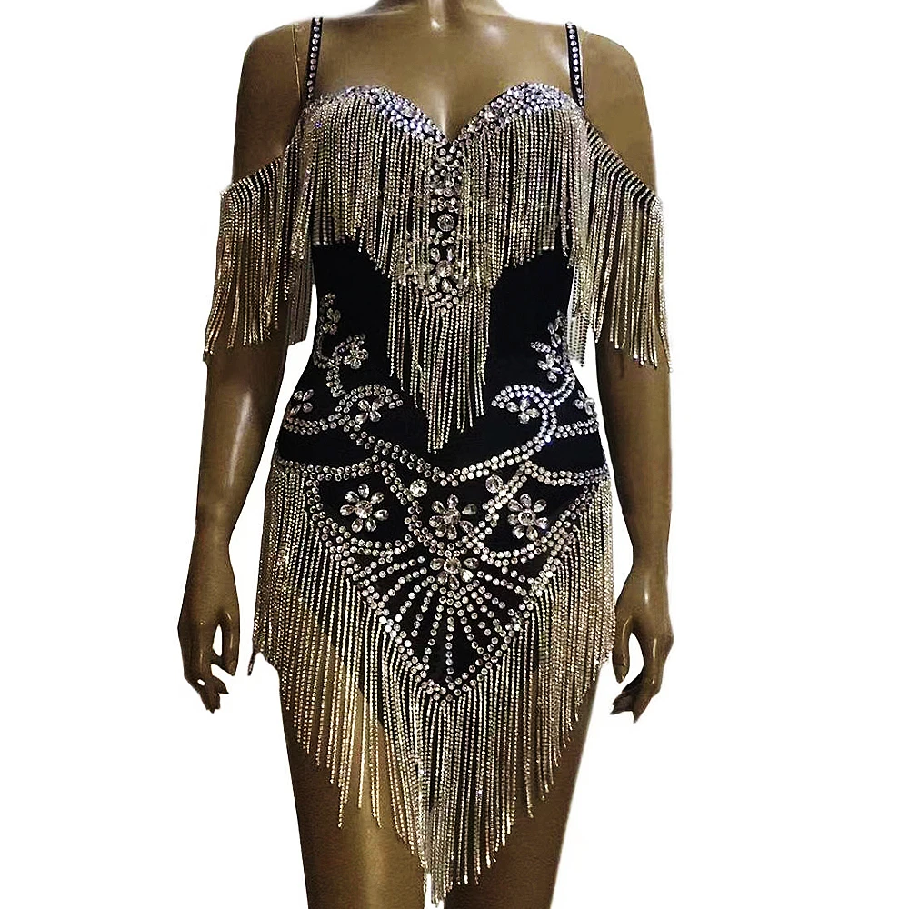 

Shining Tassel Sleeveless Backless Bodysuits Sparkling Rhinestone Strapeless Jumpsuits Stage Wear Nightclub Dancer Outfit