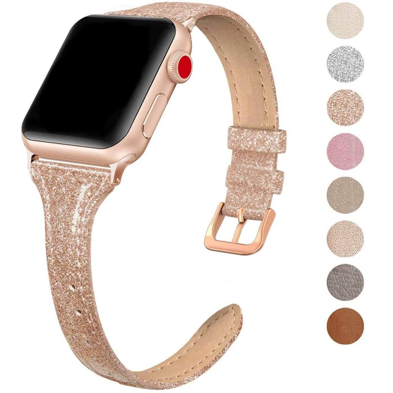 Блестящий ремешок для часов Apple Watch 44 мм 40 42 38 кожаный совместимый с iWatch блестящий