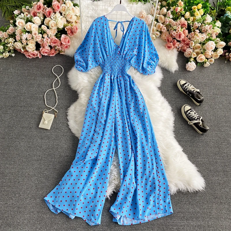 

Sexy V-neck bat sleeves waist slimming polka dot print jumpsuit fashion temperament wide leg trousers jumpsuit women 2021