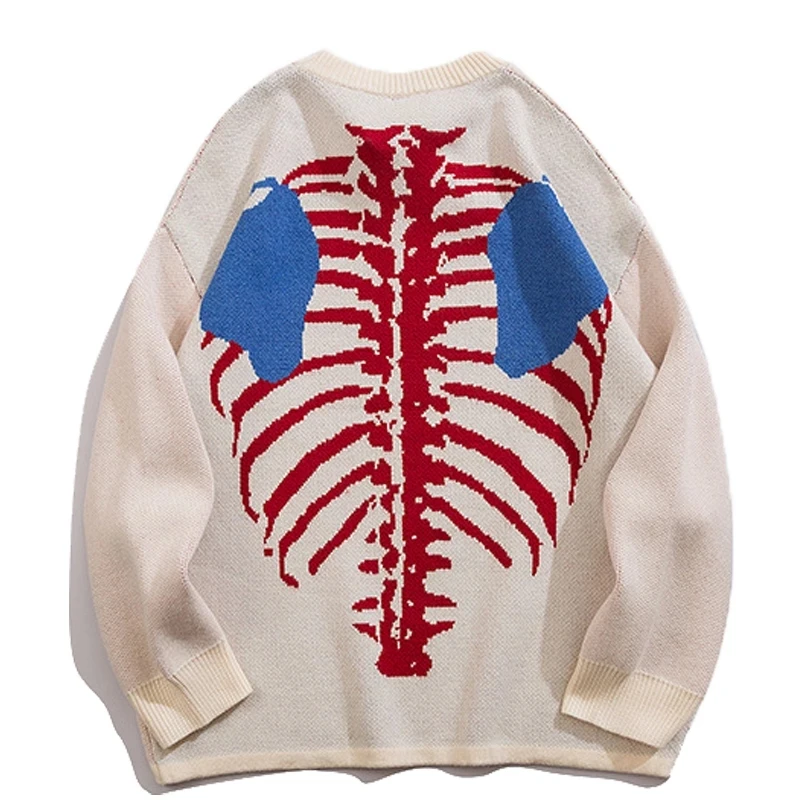 

Harajuku Knitted Sweaters Men Skeleton Bone Graphic Pullovers Casual Loose Thick O-Neck Sweaters Oversize Couples Streetwear