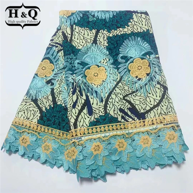 

H&Q African Wax Print Fabric Embroidered African Ankara Wax Fabric With Guipure Lace Border 6 Yard For Daily Dress Water Souble