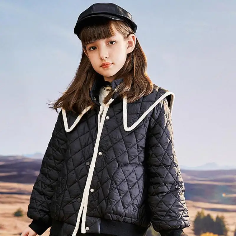 Autumn Winter Down Jackets For Girls Fashion Peter Pan Collar Long Sleeve Light Down Coats Children Casual Outerwear Clothes